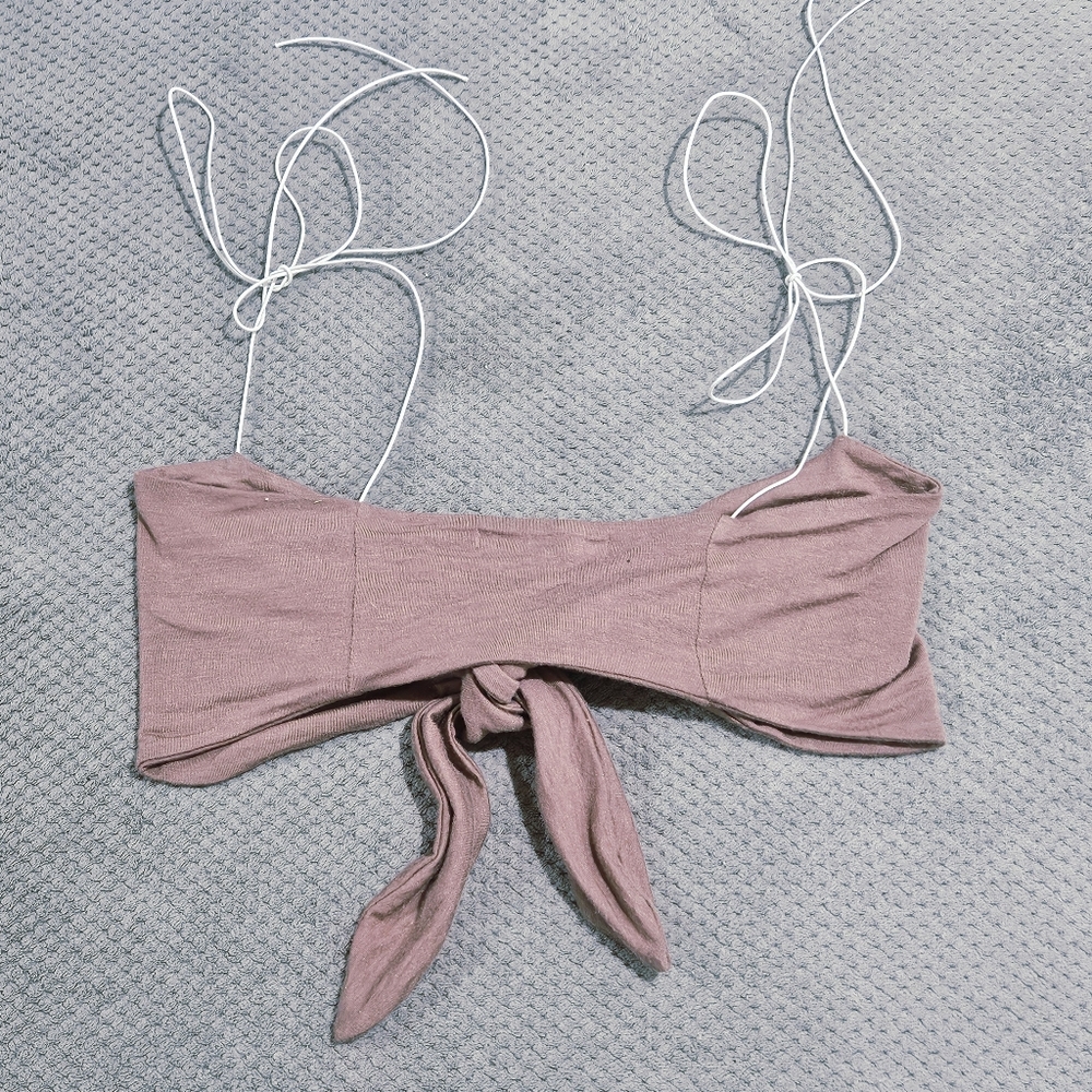 Joah Brown Front Tie Corded Crop Top /  Bra Bralette W Bow Shoulder Ties - Picture 7 of 11